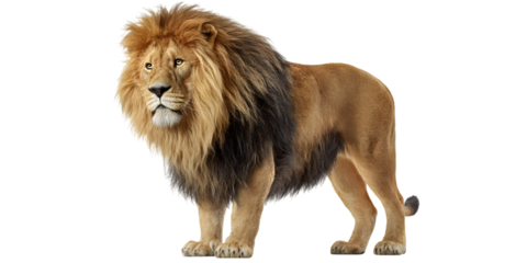 Majestic male lion standing in powerful pose, full body view, isolated on white isolated on white background