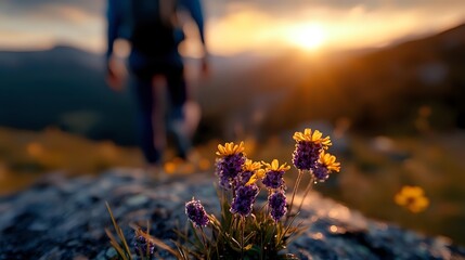 Hiker exploring mountain trail at sunset with purple and yellow wildflowers in foreground, creating serene outdoor adventure scene.
