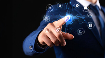 Businessman hand pointing at Artificial Intelligence Icon System on a futuristic digital interface with icons representing automation, data analysis, innovation, and network security.