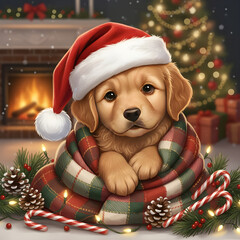 Cute Christmas Puppy in Santa Hat Wrapped in Holiday Blanket