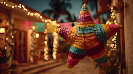 vibrant las posadas celebration decoration featuring a traditional star piñata hanging against a warm festive lights background showcasing colorful hispanic holiday decor and joyful mexican christmas