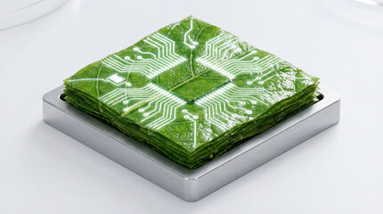 Green bio-computing concept with computer chip made of living leaves.