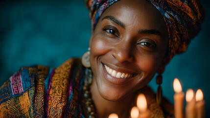 A woman smiles brightly against a teal backdrop during Kwanzaa, AI