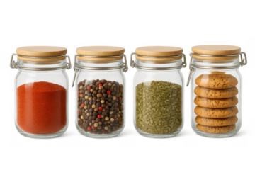 Glass jars with different spices, herbs, and homemade cookies for cooking and storing, transparent background
