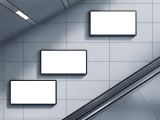 A modern transit space featuring three rectangular advertising displays with blank white faces inside sleek black frames, mounted at various heights on a textured light gray wall. A reflective metalli