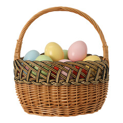 Wicker Basket Full of Pastel Colored Easter Eggs in Woven Container Used for Collecting Treats During Spring Holiday Celebration