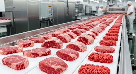 Rows of raw beef steaks and ground meat on a conveyor belt in a large-scale food processing factory