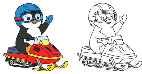Cute penguin riding a snowmobile and waving Vector cartoon illustration for coloring book Funny animal character driver on snow scooter wearing helmet Black and white outline included.