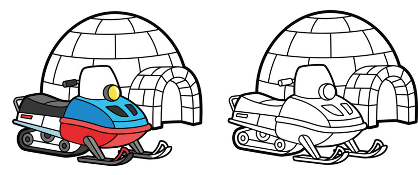 Cartoon snowmobile parked near an igloo Vector illustration for coloring book Arctic winter scene with snow scooter and ice house Black and white outline included.