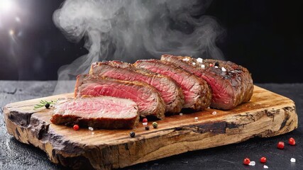 Sizzling steak slices with delicious smoking grill marks on rustic wooden board, perfect for food blogs and culinary advertising campaigns