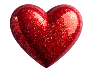  Floating Red 3D Heart with Glitter, Slight Top-Down Angle, Isolated on Transparent Background.