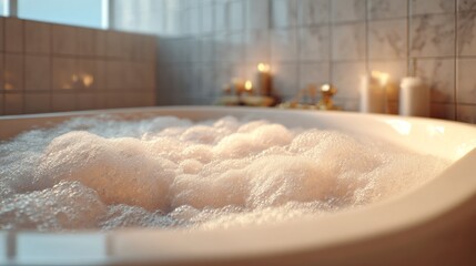 Close up of a bubble bath with warm foamy water and flickering candles in the background. Wellness and self care concept for relaxation.