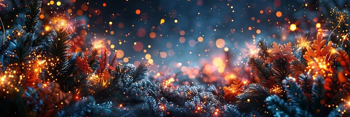 Panoramic festive winter wonderland with glowing bokeh lights