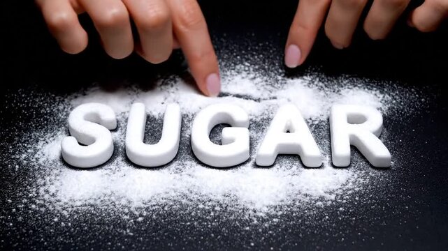 Closeup Of Hands Arranging White Sugar Letters On A Dark Surface With Scattered Sugar Crystals Demonstrating Sweetness And Temptation
