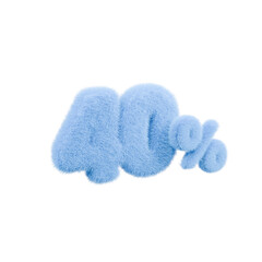 3d illustration of blue hairy number 40 percent or 40% isolated on white background. 3d render.