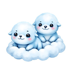 Kawaii Cloud-Shaped Animal Watercolor Clipart &ndash; Pastel Cute Cloud Panda, Bunny, Hedgehog, Owl, Fox, Seal, Kitten, Lamb, Elephant & Penguin &ndash; Soft Fluffy Pastel Creatures PNG