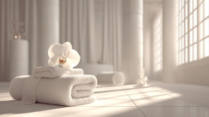 White orchid flower on fluffy towels in empty spa room. Relaxation and wellness decor. Minimalist design for beauty salon.