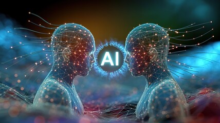 Two connected digital human heads face each other above a network symbolizing advanced AI