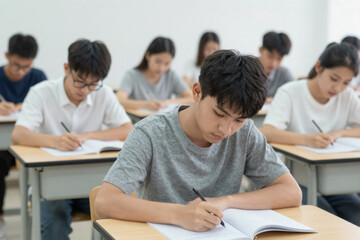 Focused Asian male student writing an exam in a classroom. Group of young people studying at desks in school. Education and academic success concept