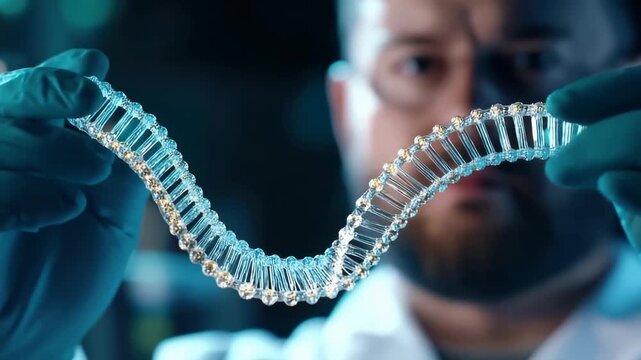 Researcher wearing gloves observes a flexible clear molecular helix structure, representing life science and genetic information. Scientific innovation for future discovery and development.