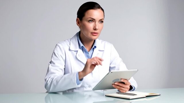 Professional female doctor in white lab coat thoughtfully reviewing medical information on a tablet computer with a notebook and pen on desk in a minimalist studio setting with soft natural lighting