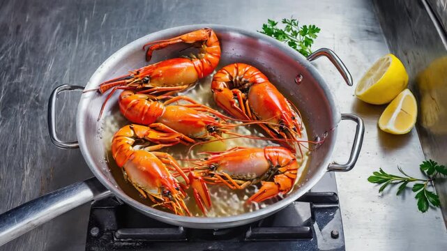 Delicious crawfish simmering in a pan with lemon and herbs, promising a vibrant and flavorful culinary experience perfect for cooking shows