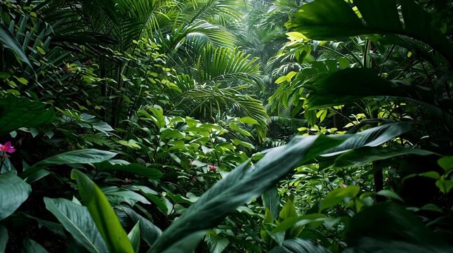 A lush green jungle scene, dense foliage with sunlit fronds and tropical flowers