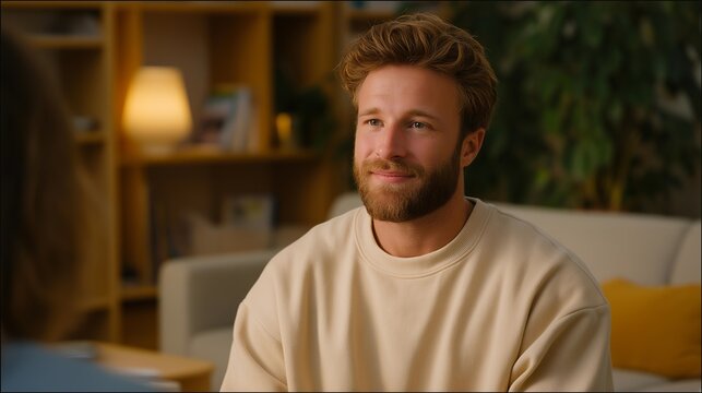 A mental health therapist offering a patient-friendly session in a cozy room with warm tones and soft furniture, helping clients feel safe and understood — supportive counseling environment, - Powered by Adobe