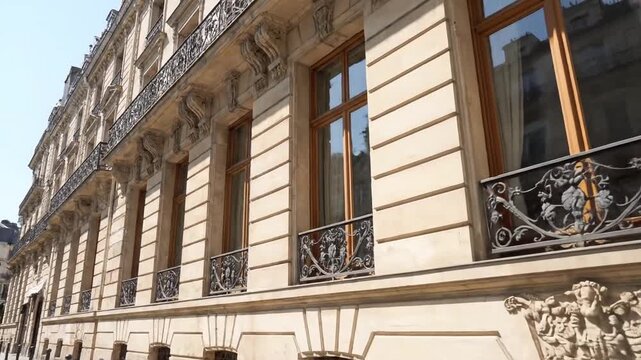 Elegant European Building Facade with Ornate Balconies and Large Windows Reflecting Sunny Blue Sky in Paris Daytime Sunlight