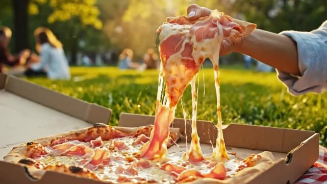 A close-up shot captures a hand reaching into a cardboard box to pull a hot, delicious slice of pizza. The rich, melted cheese stretches enticingly as the slice is lifted, adorned with savory toppings