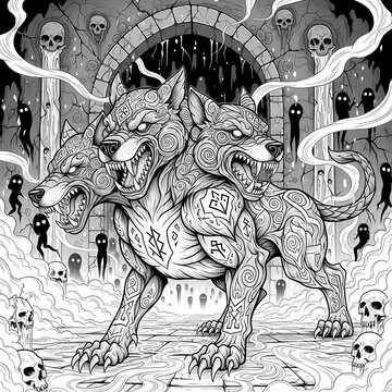 Mythological Cerberus Intricate Three-Headed Hound Grayscale Line Art
