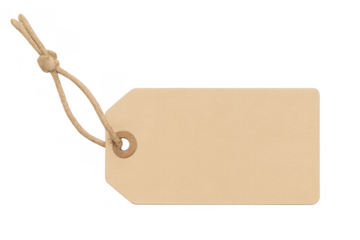 Blank price tag on transparent background, brown cardboard label with string for retail product information