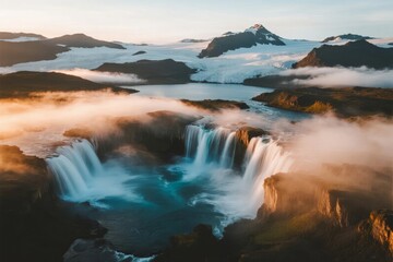 Aerial view of a majestic waterfall cascading into a glacial river surrounded by misty mountains and snow-capped peaks at sunrise
