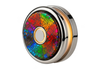 Iridescent button with glowing ring isolated on transparent background for luxury tech and decorative item use cases