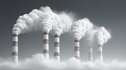 Tall industrial chimneys stand against a moody sky, releasing heavy plumes of smoke that envelop the landscape. The scene highlights the ongoing issue of air pollution