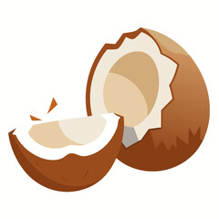 A simple, flat illustration of a brown coconut cracked open, revealing its white flesh, with a slice beside it.