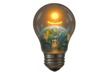 Light bulb containing a glowing earth and sun, symbolizing global innovation, sustainable energy, and environmental ideas