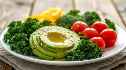 Fresh Avocado Salad with Kale Cherry Tomatoes and Yellow Bell Pepper Drizzled with Olive Oil on a White Plate with Wooden Background and Soft Natural Lighting - Powered by Adobe