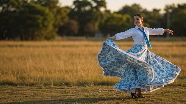 A smiling woman in traditional costume performing an Argentinian folk dance in a field. Happy female dancer twirling her floral skirt at sunset. South American culture and folklore concept