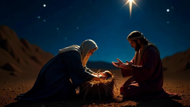 Nativity scene. Joseph and Mary by the manger of the newborn Jesus