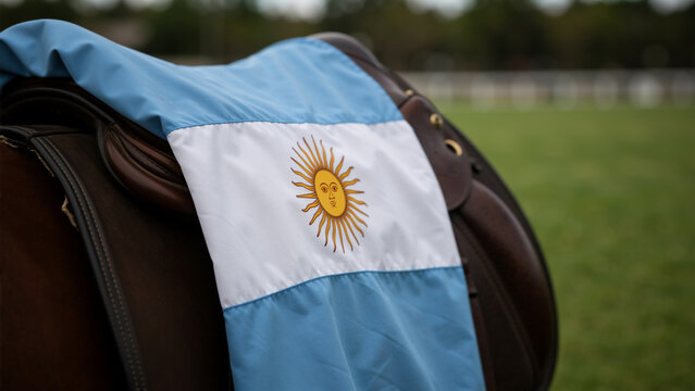 The flag of Argentina draped over a leather horse saddle. National symbol representing the equestrian sport of polo