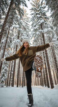 Happy young woman having fun in a snowy winter forest. Vertical low angle view of a smiling person kicking their boot towards the camera. Active outdoor lifestyle concept