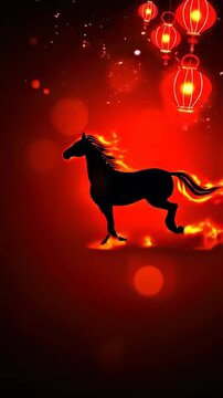 Watch this dynamic clip featuring a black silhouette of a horse set against a fiery red backdrop. Celebrate the China Chinese New Year 2026 with this moving lunar calendar zodiac sign