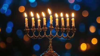 Glowing Hanukkah menorah with nine lit candles casting warm light on a dark night, celebrating the joyful Jewish festival of lights with religious tradition.