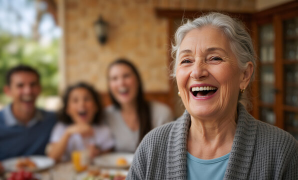 Happy senior woman laughing with family eating lunch in the background. Portrait of a cheerful grandmother at a multi-generational gathering outdoors - Powered by Adobe