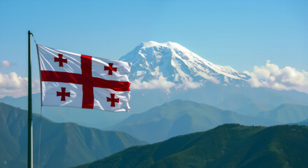 Georgian flag waving against majestic Mount Kazbek landscape. National flag of Georgia with snow capped Caucasus mountain peak background. Independence Day of Georgia banner with copy space for text