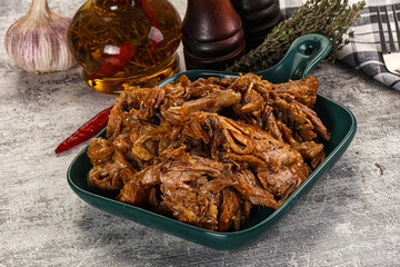 Shredded slow cooked pork meat