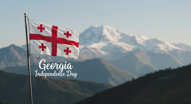 Georgian flag waving in mountains with "Georgia Independence Day" text lettering. Georgian national flag against Caucasus landscape with copy space for text - Powered by Adobe