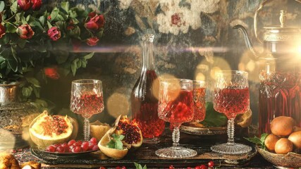 Lush pomegranates, sweet crimson drinks in decorative glasses, celebrating ancient Persian winter solstice tradition, cultural gathering, opulent table, warm glowing festive light.