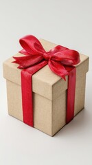 Obraz premium Gift box wrapped in kraft paper with red ribbon bow, holiday present celebration, vertical 9:16 social media background